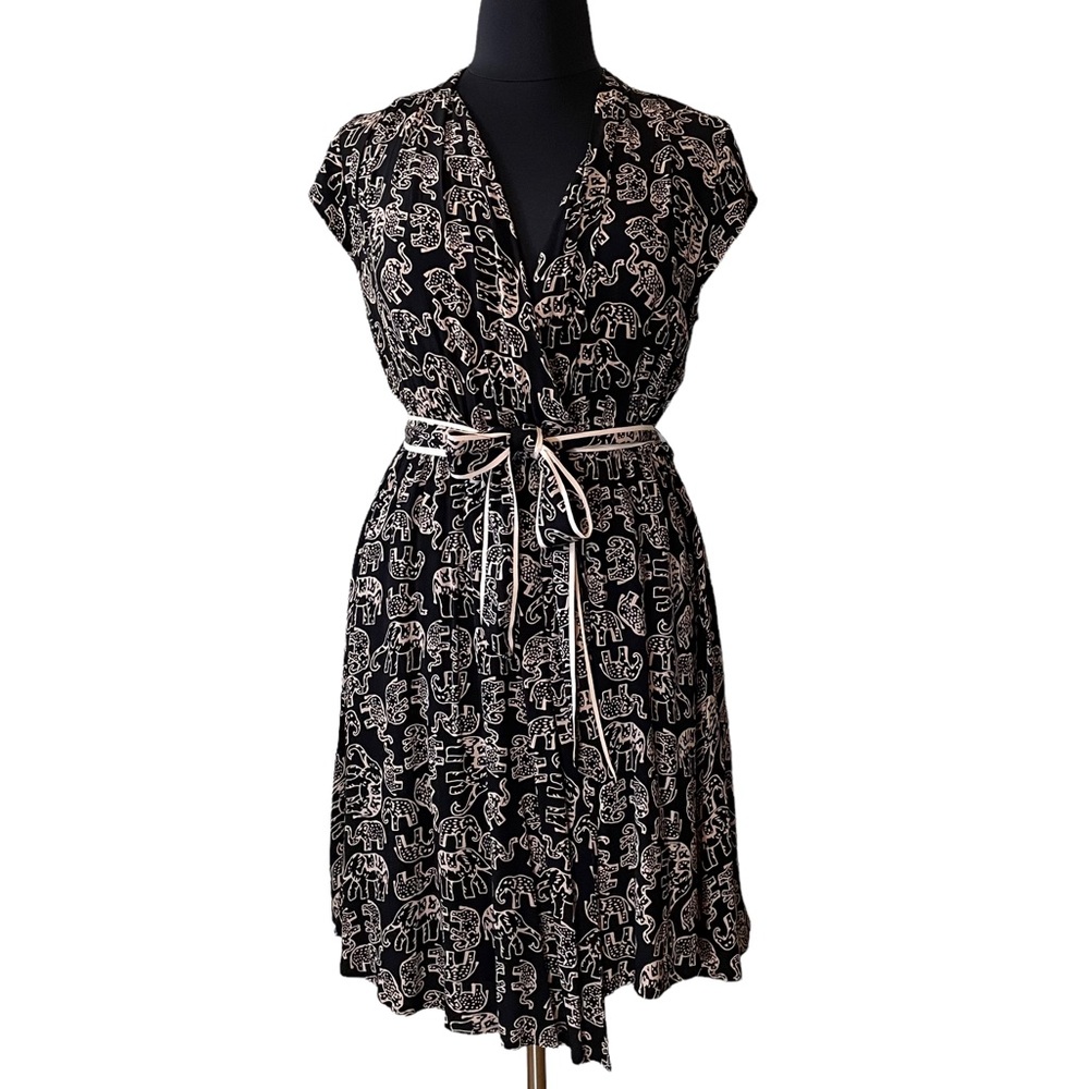 Maeve Norohna Elephants Dress Faux Wrap Scooped Hem Lined Sz L